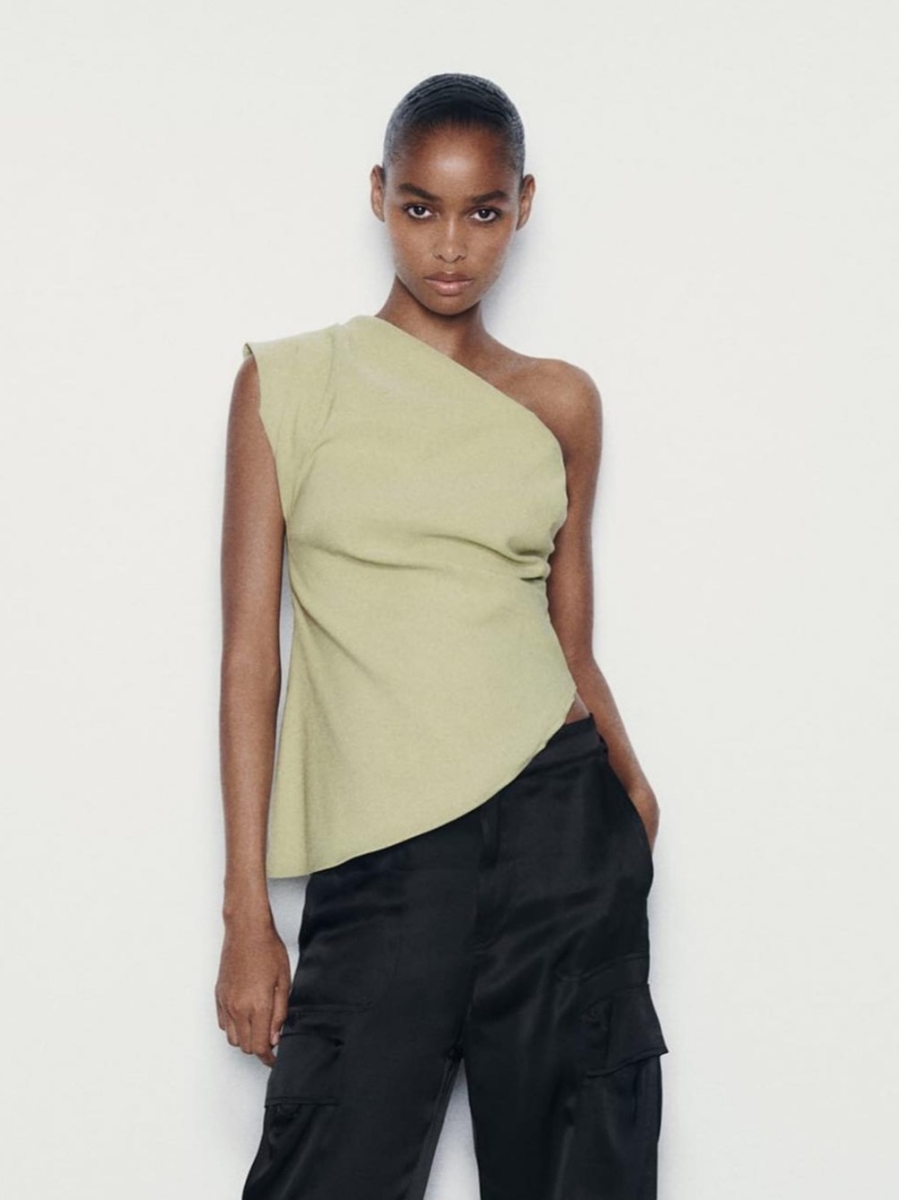 Zara One-Shoulder Camisole in Light Olive